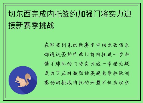 切尔西完成内托签约加强门将实力迎接新赛季挑战